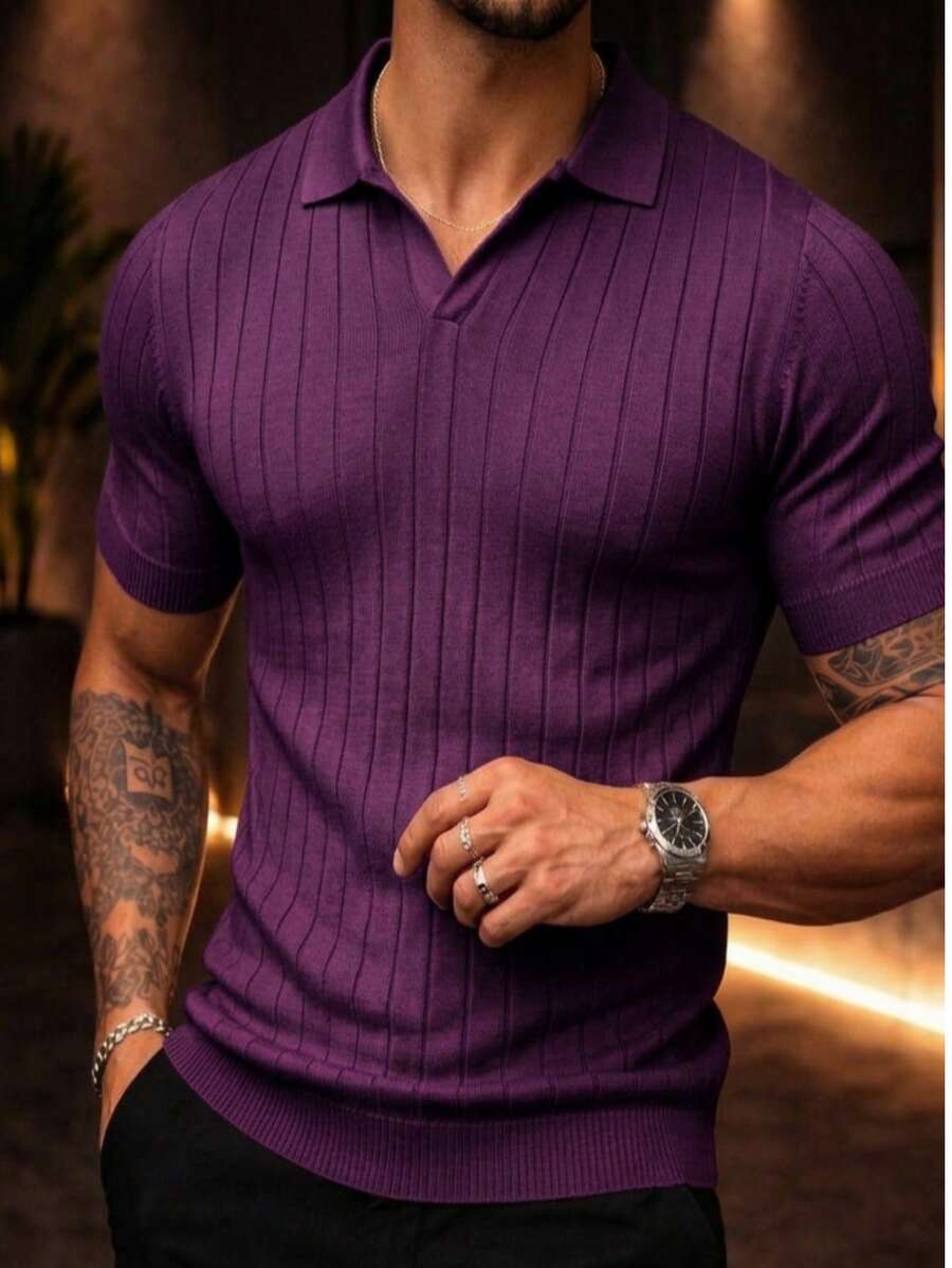 Men's Chic Lightweight Textured Knit Sweater Shirt, High Quality, Perfect For Summer, Spring, Autumn, And Winter, Ideal For Father's Day. - Màu tím - Xem 1