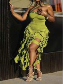 Plus Size Green Strapless Ruffle Asymmetrical Long Dress For Women Chic Party & Night Club Wear - Green - View 2