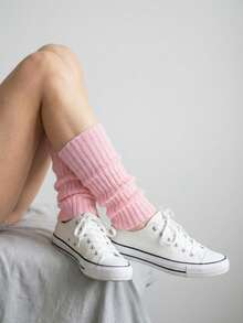 1/3 Đôi tất giữ ấm chân nữ kiểu bèo nhún, chất liệu mềm mại, co giãn thoải mái, dài đến giữa bắp chân, thiết kế gân hồng, phong cách thời trang Y2K mặc hàng ngày - Nhiều màu - Xem 4