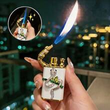 Cute Lighter, Dual Flame Windproof Lighter, Heart/Snake Design Lighter, Metal Embossed Rhinestone Butane Torch Lighter, Refillable Adjustable Flame - 蛇(無氣) - 查看 2