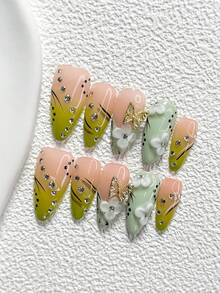 10Pcs Forest Inspired Style Handmade Nail Art Set,Unghie Press On,Openwork Butterfly, Diamond Nail Art Accessories,Hand Sculpted Petals, Lines And Polka Dots Nail Art Decorations,Green Nail Polish,Fresh Style,Comes With Nail Tools(1 Sheets Jelly Stickers+1PC Nail File)3 Sizes Available,Almond Nails, Duck Nails,Coffin Nails,Suitable For Reunion,Daily,Party,Photograph,Play,Spring Summer,Commute Supplies Nails - 彩色 - 查看 15