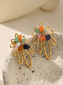 Frminee 1 Đôi bông tai mùa hè kiểu retro họa tiết hoa bằng thép không gỉ mạ vàng 18K, phong cách Bohemian, phù hợp để đeo hàng ngày và trong các dịp lễ, món quà trang sức thời trang phương Tây dành cho phụ nữ. - Vàng - Xem 4