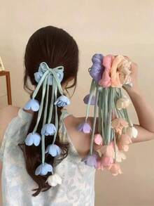 1 pieza Scrunchie de pelo con borlas y flores dulces, Lazo de pelo de satén con camelias rosa/azul/morado/rojo/amarillo, Nuevo accesorio de pelo elástico 2026 - Multicolor - Ver 4