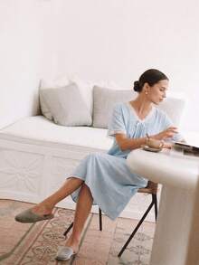 Đồ ngủ nữ cổ chữ V, đồ mặc nhà mùa hè mới tay ngắn ngọt ngào, thoải mái. - Màu xanh lam - Xem 6