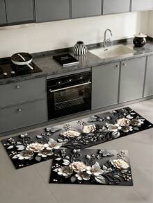 1 tấm lót bếp bằng gel silica, đế đen với họa tiết dập nổi 3D hình hoa hồng màu trắng ngà và hồng nhạt, hoa cúc, họa tiết cuộn màu xám bạc, lá cây, bướm và những hạt cườm vàng rải rác, trang nhã và lãng mạn. - Nhiều màu - Xem 2