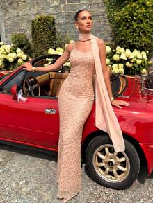 UNITHORSE [Random Cut] Spaghetti Strap Waist Ruffle Sequin Embellished Evening Dress - Rose Gold - View 2