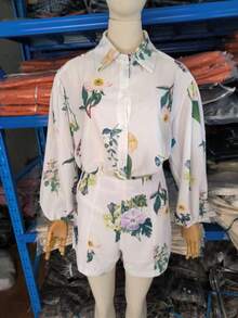 Women's Linen Two Piece Set Floral Print Blouse And High Waist Shorts, Summer Vacation Matching Outfit With Puff Sleeve Top, Casual Resort Wear For Beach And Daily Spring Outfits - 米白色 - 查看 4