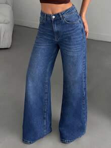 女士休闲优雅蓝色牛仔裤，长款直筒裤型，带纽扣口袋和拉链细节，采用无弹力面料，宽松舒适，适合日常穿着，四季皆宜。 - 藍色 - 查看 3