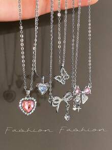 5-8pcs/Set Y2K Fashion Crystal Heart, Butterfly, Tulip, Bow Pendant Necklace Set, Shiny Jewelry Gift For Women, Suitable For Valentine's Day Party - 8pcs-aH23926 - Xem 2