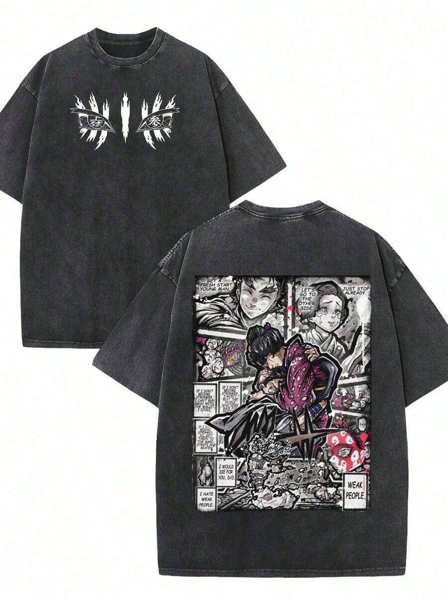 Retro Washed Graphic T-Shirt,100 % Cotton Retro Washed Cotton Anime T-Shirt, Fantasy Harajuku Double-Sided Printed Manga-Style T-Shirt, Harajuku Gothic Y2K T-Shirt, Romantic Aesthetic Streetwear, Casual Men's Anime T-Shirt, Cyberpunk Style Clothing. ,Summer Outfits For Men Woman OAB6 - 黑色 - 查看 1