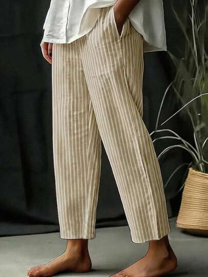 女士波西米亚风条纹直筒七分裤，抽绳设计，涤纶无弹力休闲裤，春季款