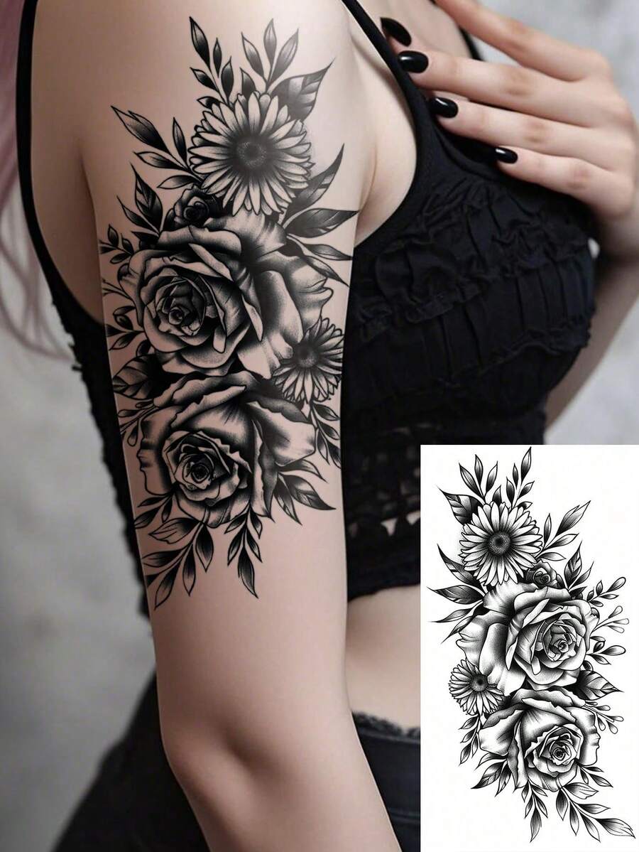 1 张人体彩绘临时纹身贴纸,描逼真玫瑰图案,防水假纹身,持续 2-5 天,可遮盖疤痕,可用于手臂、手腕、肩膀、腿部、腰部、颈部、手部、胸部、大腿、手指等部位,适合身体装饰、节日、礼物、派对、音乐节等场合。 - 黑色 - 查看 1