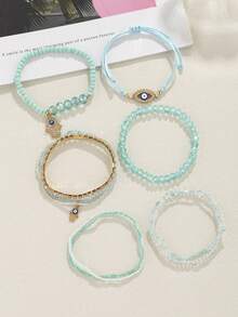 9pcs Bohemian Style Evil Eye Beaded Bracelets - Lake Blue - View 2