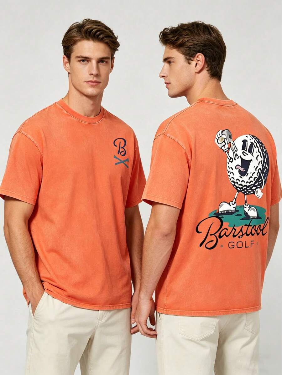 230g Vintage Washed Pure Cotton Men's T - Shirt, Featuring A Casual And Stylish Design With A "Barstool GOLF" Golf - Ball Print. Ideal For Outdoor Sports, This T - Shirt Offers A Loose Fit And Is Made From Soft Knitted Fabric - 珊瑚橙 - 查看 1