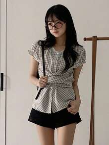 Plaid V-Neck Twist Front Short Sleeve Blouse For Women, Summer, Slim Fit - Khaki - View 5