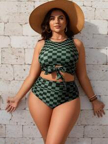 Women's Plus Size Plaid Checkered Bikini Set Cut Out Bow Tie High Waisted Swimsuits Tummy Control Bikini Set Curve Swimwear Push Up Bathing Suit Summer Beach Pool Vacation Outfit - màu xanh lá - Xem 8