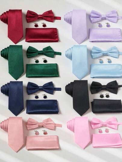 4pcs Groomsmen Wedding Tie Set, Solid Color Tie, Bow Tie, Pocket Square, Cufflinks, Stylish INS Outfit