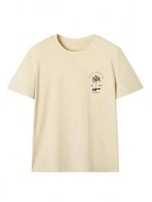 Women's Vintage Street Style Unisex Cotton Short Sleeve Crew Neck T-Shirt With Round Neck, Palm Tree Print And Lettering, In White And Pink - Apricot - View 4