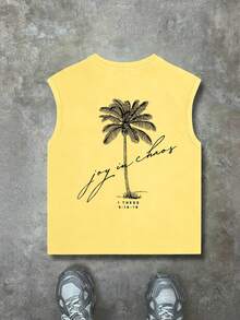 1pc Boys' Casual Letter & Palm Tree Print Sleeveless Top, New Summer Comfortable Teen Boy Clothing - Yellow - View 3