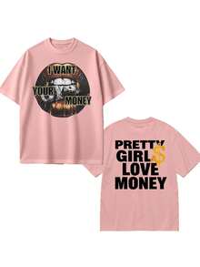 Fly "I Want Your Money" Hip-Hop Flow T-Shirt Pure Cotton Double-Sided Printed T-Shirt, Suitable For Men And Women,Top Pick Gift For Summer Casual Tees - 粉色 - 查看 2