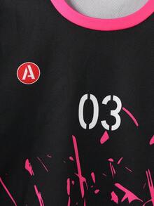 Set de 2 piezas de ropa deportiva para niños, camiseta de manga corta con cuello redondo y estampado numérico, y pantalones cortos, conjunto de ropa deportiva casual de verano - Negro - Ver 6