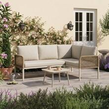 Outdoor Garden Set With Wood-Look Tempered Glass Table, Convertible 4 Seater Polyester Rope Conversation Set With Sofa & Armchairs, Weatherproof Patio Corner Sofa For Balcony & Terrace, Beige - Beige - View 8