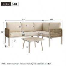 Outdoor Garden Set With Wood-Look Tempered Glass Table, Convertible 4 Seater Polyester Rope Conversation Set With Sofa & Armchairs, Weatherproof Patio Corner Sofa For Balcony & Terrace, Beige - Beige - View 11