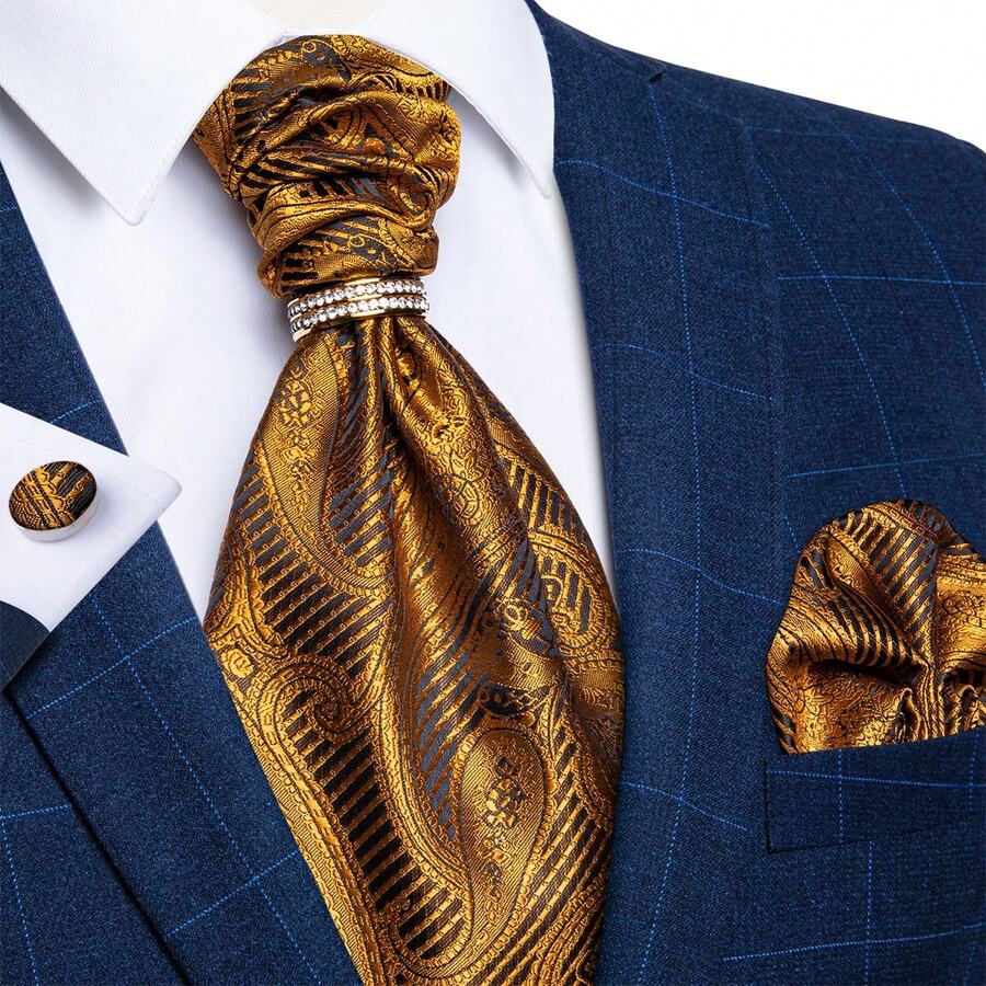 Bộ 4 món dành cho nam giới, gồm cà vạt Ascot họa tiết Paisley màu vàng mù tạt, khăn cài túi áo, khuy măng sét và nhẫn vàng, thích hợp cho tiệc cưới. - gừng - Xem 1