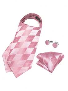 Conjunto de 4 piezas para hombre con corbata Ascot, pañuelo de bolsillo, gemelos y anillo dorado con patrón geométrico de diamantes en color rosa para boda y fiesta - Rosa - Ver 2