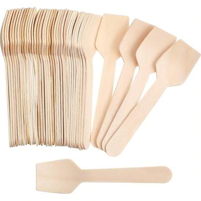 50/100/200pcs 3.74 Inch Disposable Mini Wooden Spoons, Square Head, Bulk, Suitable For Tasting Yogurt, Ice Cream, Desserts, And Other Foods.