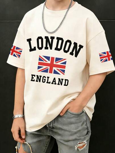 1 chiếc áo thun ngắn tay in hình ngày Quốc khánh cho bé trai, trang phục học sinh, thanh thiếu niên, trang phục mùa hè cho trẻ em.