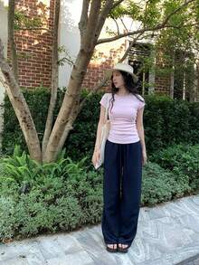 Quần nữ dáng suông bằng vải lanh, kiểu dáng tối giản, hàng mới về, có dây rút, thích hợp cho mùa xuân/hè. - Xanh đậm - Xem 9