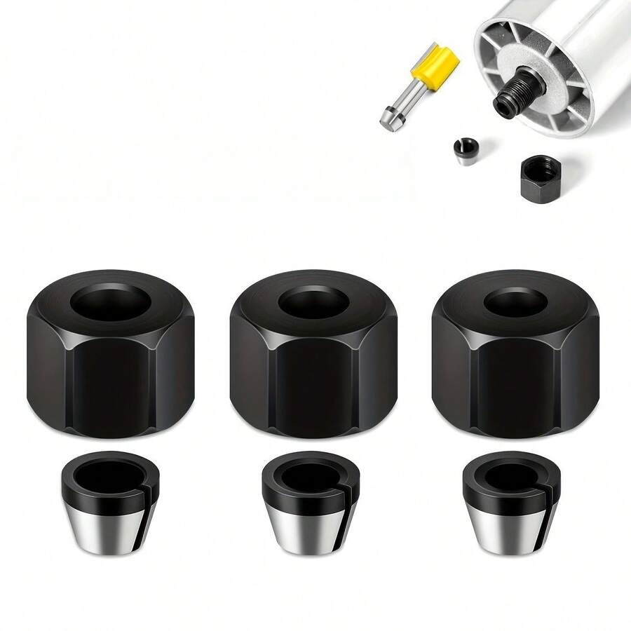 One Set Of 6pcs Precision Milling Machine Cutter Head Sets, With Nut, Carbon Steel - 6mm, 6.35mm, 8mm Rod, Used For Woodworking, Carving, Edge Trimming, Electric Milling Machine Cutter Accessories - 6pcs Nut + Collet - View 1
