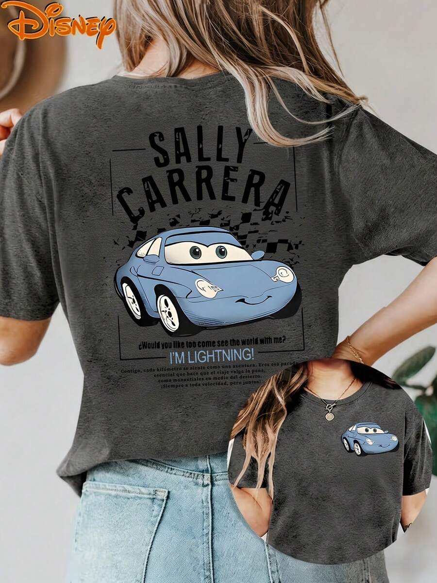 Disney License T Shirts,Disney PIXAR1 Cars Sally Carrera Graphic T-Shirt, Women's Oversized "I'm Lightning!" Quote Print Short Sleeve Tee, Casual Loose Fit Top For Cars Fans, Daily Wear, Disney PIXAR1 Trips & Racing Themed Outfits ,Camiseta, Summer Outfits For Women, Summer Clothes, Summer Tops, Tops For Women, Festival Outfits, Summer Tops For Women, Mother's Day, Mother's Day Clothing, Gifts For Family And Friends, Spring Outfits For Women, Officially Licensed Disney T-Shirts, Disney Men's And Women's Spring/Summer Fashion Casual Short-Sleeve T-Shirts - Grey - View 1
