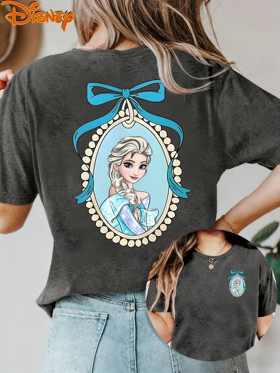 Disney License T Shirts,Disney Frozen Elsa Princess Blue Bow Frame Portrait Graphic Women's Oversized T Shirt Cute Kawaii Drop Shoulder Short Sleeve Tee Disney Princess Fan Summer Casual Streetwear Top For Frozen Movie Fans ,Camiseta, Summer Outfits For Women, Summer Clothes, Summer Tops, Tops For Women, Festival Outfits, Summer Tops For Women, Mother's Day, Mother's Day Clothing, Gifts For Family And Friends, Spring Outfits For Women, Officially Licensed Disney T-Shirts, Disney Men's And Women's Spring/Summer Fashion Casual Short-Sleeve T-Shirts - Grey - View 1