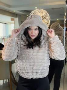 Women's Teddy Puffer Jacket Plush Double Sided Winter - Champagne - View 1