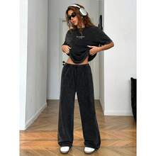 Women's Washed Brown T-Shirt And Pants Two-Piece Casual Set - 黑色 - 查看 3