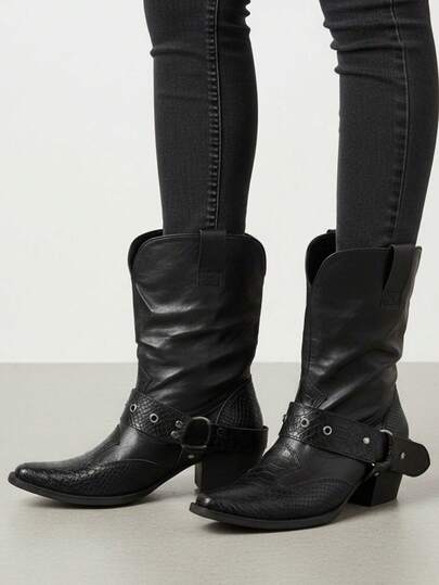 2026 Spring/Summer New Vintage Pointed Toe Leather Belt Buckle Ankle Boots, Thick Heel Slimming Motorcycle Boots, Niche Fashion Boots