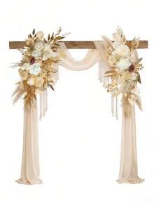 2pcs Luxury Champagne Gold Wedding Arch Floral Decor, Made Of Artificial Rose Clusters And Gold Leaves, No DIY Required, Reusable And Durable. Suitable For Wedding Backdrops, Tabletop Centerpieces, Welcoming Signs, Entryway Decor, Party Decorations, And Baby Shower Decorations. - Champagne - View 2