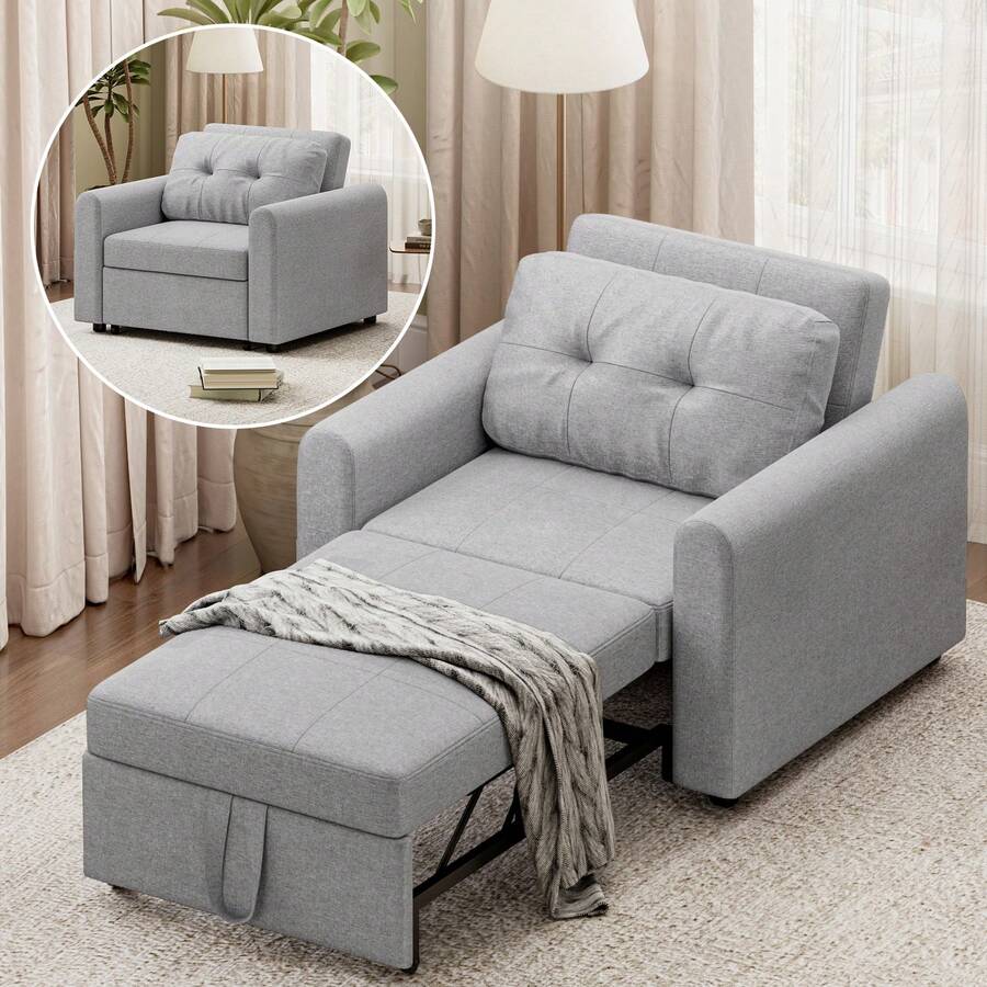 3 In 1 Convertible Single Sofa Bed With Adjustable Backrest, Pull Out Single Sleeper Chair Bed With Pockets For Living Room, Linen Fabric, Light Grey - Gris claro - Individual - Ver 1