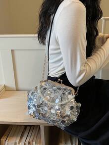 Shiny Sequin Handbag, Summer New Model, Versatile Chain Shoulder Bag, Elegant Frame Purse - Silver - View 4
