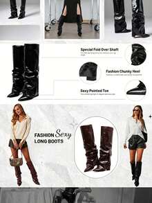 Knee High Fold Over Shark Boots For Women Slouchy Pointed Toe Block Thick High Heels Pull On Fashion Punk Pleated Boots Woman - 黑色 - 查看 9