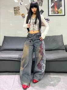 1pc Women's Loose Fit Embroidered Wide Leg Jeans, Comfortable Casual High Street Versatile Denim Pants (Belt/Accessories Not Included) - Bronze - View 6