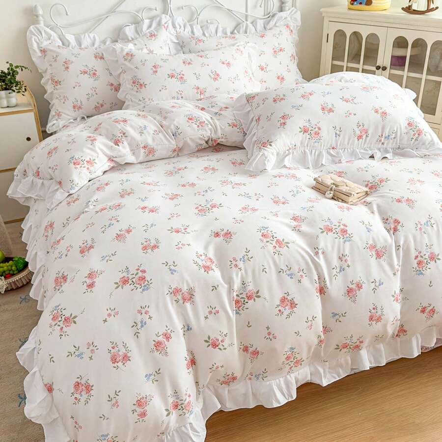 Floral Print Soft & Comfortable Bedding Set 3pcs, Suitable For Bedroom, Guest Room, All Seasons - White - View 1