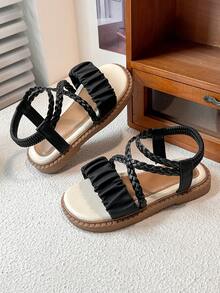 Children's Flat Sandals With Pleated Bands And Woven Straps - Black - View 2