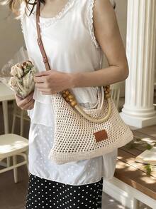 2026新款镂空针织手提包，适合海滩度假，大容量单肩手提包 - 卡其色 - 查看 3