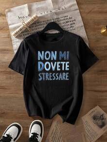 女款圓領短袖T恤－黑色，印有大膽義大利語短句「Non Mi Dovete Stressare」，春夏休閒穿搭 - 黑色 - 查看 5