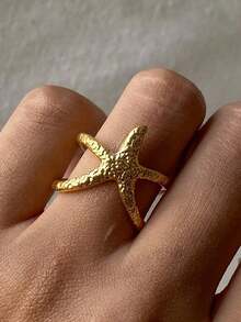 1pc Stainless Steel Gold Color Starfish Open Ring For Women - Gold - View 4
