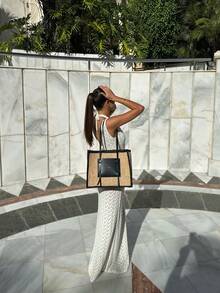 Women's Solid Color V-Neck Hollow Crochet Knit Maxi Dress, Sleeveless Backless Elegant Beach Vacation Dress, Spring/Summer White - White - View 4