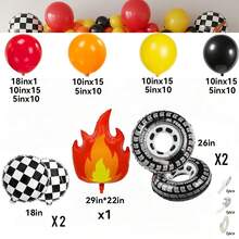 Ce set de décoration d'anniversaire de 110 pièces sur le thème des monster trucks comprend des ballons rouges, oranges et jaunes, ainsi que des pneus, des motifs à carreaux et des ballons en feuille d'aluminium avec des flammes. Il est parfait pour les décorations d'anniversaire sur le thème des camions, les fêtes de voitures de course et les décorations de baby shower. - Voir 3